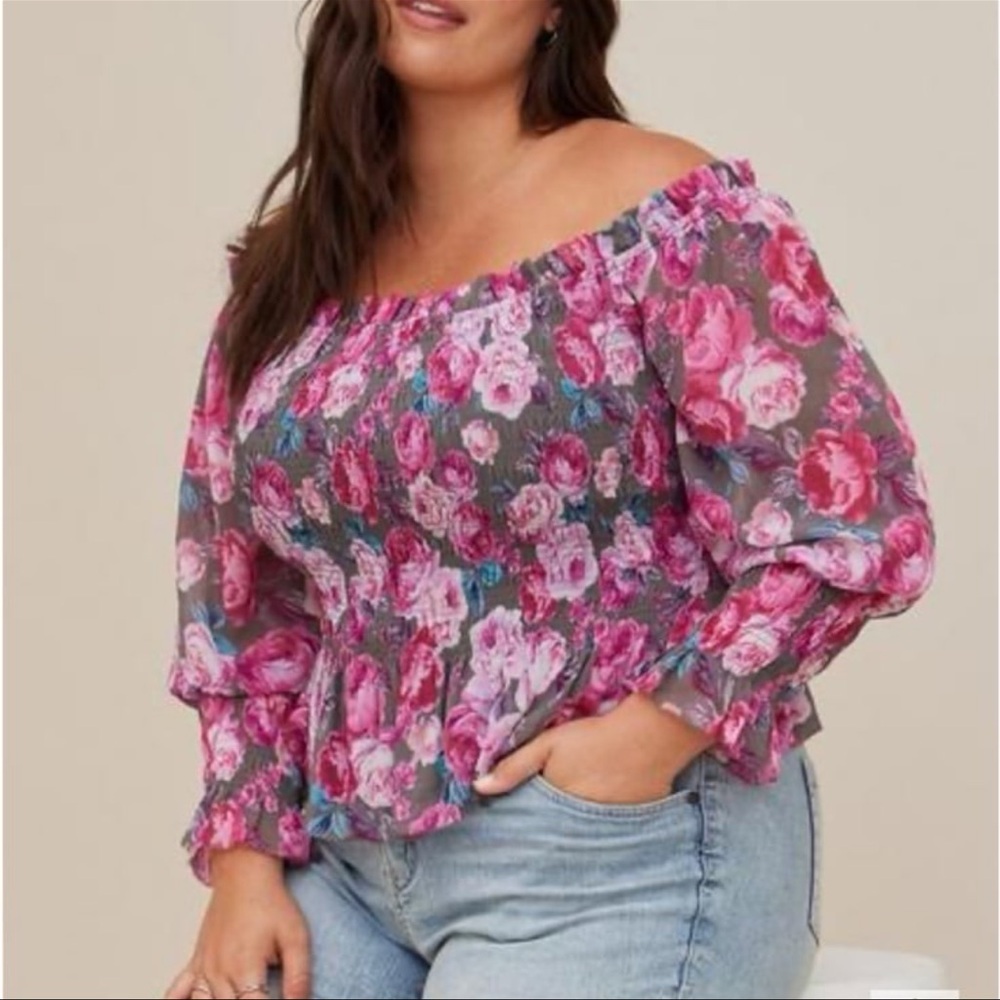 Torrid 4X Crinkle Chiffon Smocked Waist Off-Shoulder Crop Top